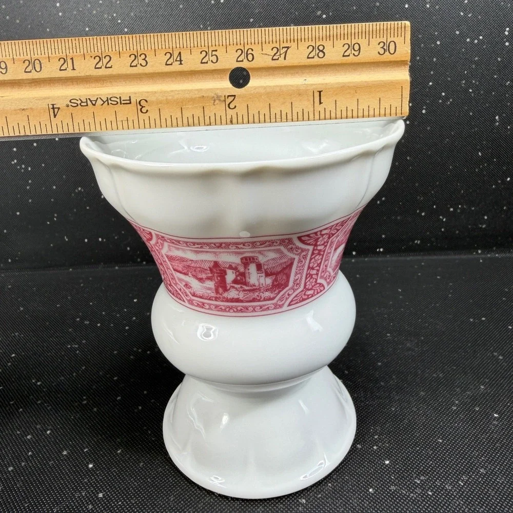 Heinrich Germany Porcelain Vase Pink White Scenic Transferware Castle 4.5 Inch